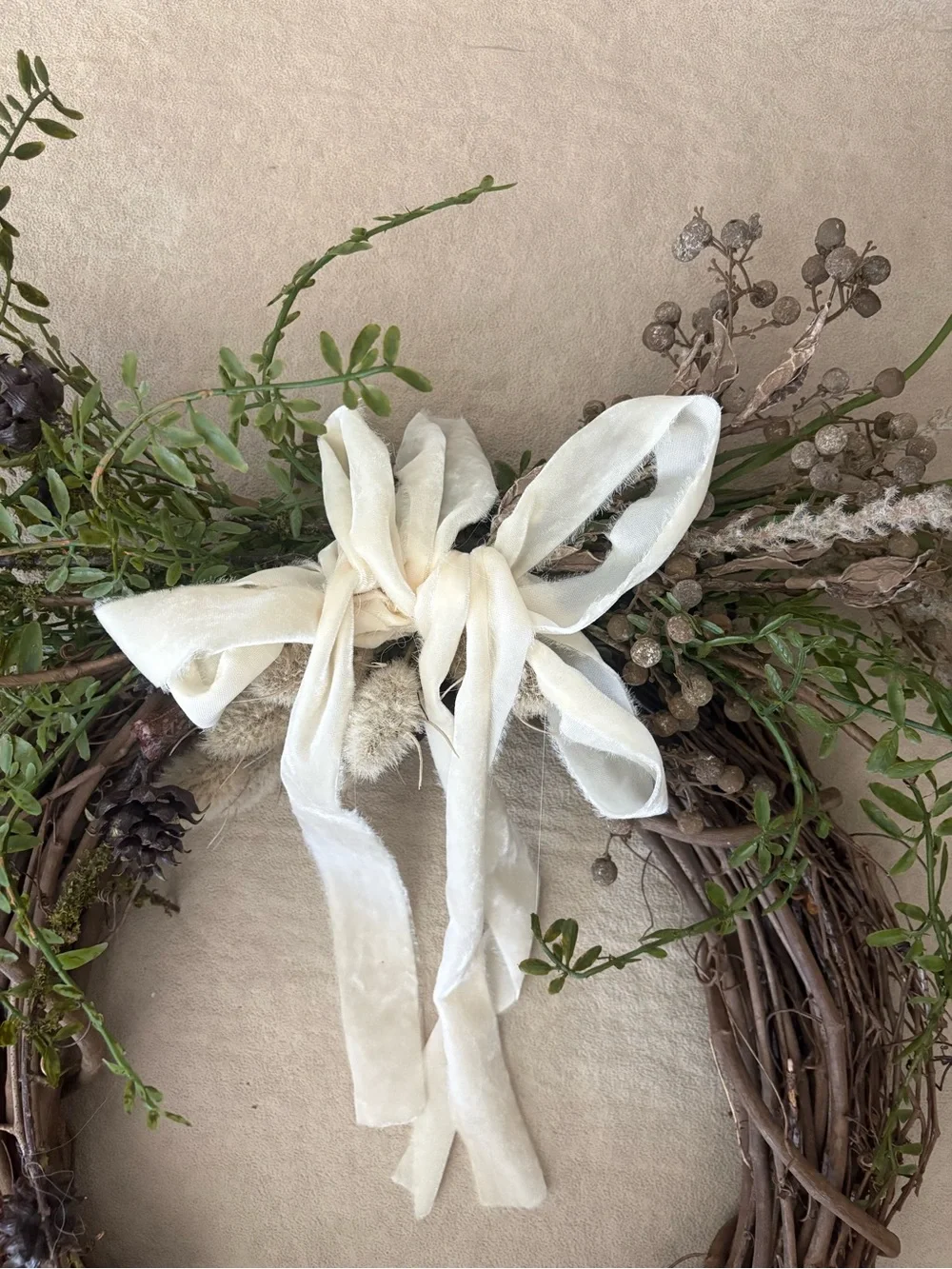 Neutral Rustic Grapevine Wreath with Cream Ribbon - Home Holiday